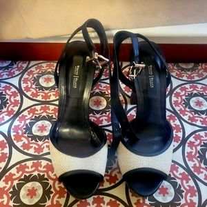 White House Black Market open toe heels. Gently used. Black and taupe.